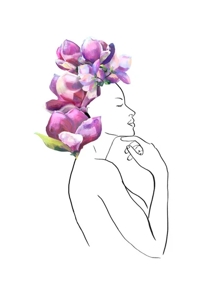 Kvinna med massor av blommor av magnolia. linje konst illustration med olja målade stora vackra rosa blommor. Linjekonst. Trendig stil. Modern konst — Stockfoto