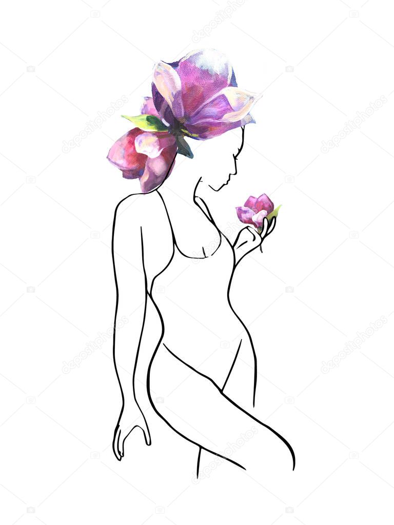 Woman with bunch of flowers of magnolia. line art illustration with oil painted big beautiful pink flowers. Line art. Trendy style. Modern art