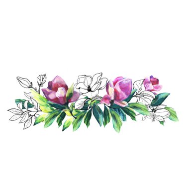 Yeşil yapraklı Pembe Manolya Çiçekleri aranjmanı. Romantik çiçek aranjmanı. El çizimi elementlerle boyanmış yağlı doku. Tebrik, Düğün, Davet İçin Dekorasyon 