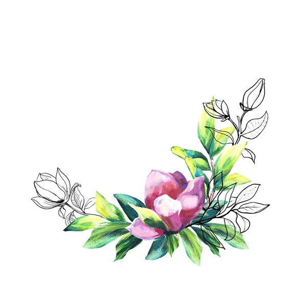 粉红木兰花与绿叶的排列 浪漫的插花安排 油画质感与手绘轮廓元素 用于问候 邀请的装饰 — 图库照片