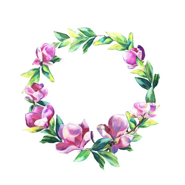 Virágkoszorú Rózsaszín Magnólia Zöld Levelek Romantikus Virágcsokor Olajfestett Textúra Trendi — Stock Fotó