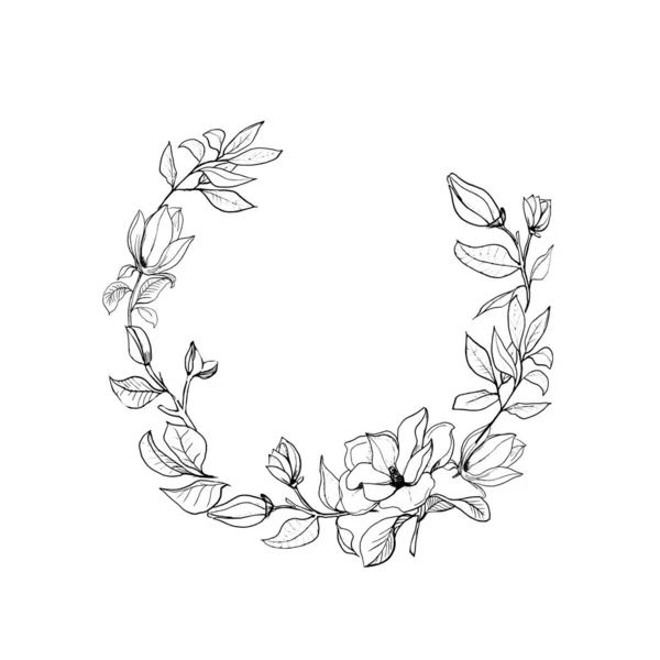 Wreath Flowers Magnolia Leaves Romantic Floral Arrangement Hand Drawing Outline — Stock Photo, Image