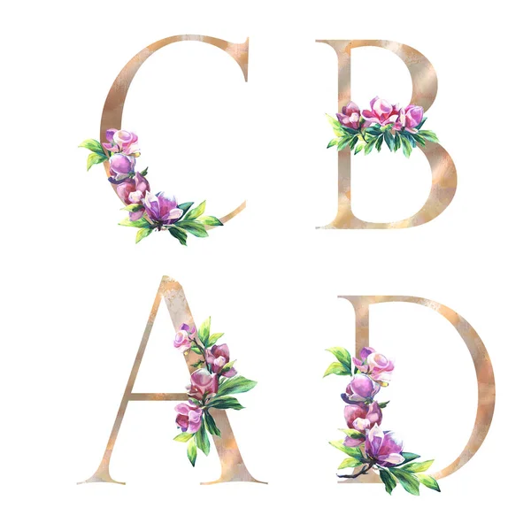 Gold Floral Letters set with hand painted pink flowers and leaves. Elegant Alphabet isolated on the white background. Design for Wedding, inviting, greeting, birthday card A, B, C, D — стокове фото