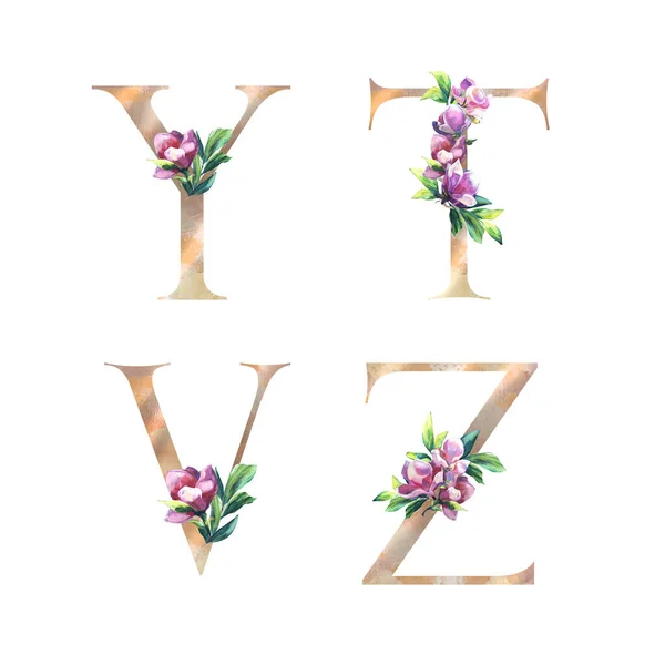 Conjunto de letras florales con flores y hojas rosas pintadas a mano. Y, T, V, Z Alfabeto elegante aislado sobre el fondo blanco. Diseño para boda, invitación, felicitación y tarjeta de cumpleaños —  Fotos de Stock