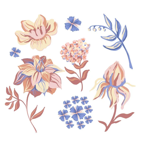 Beyaz arka planda izole edilmiş motif çiçekleri. Stilize Lilly, Cornflowers, Peony. Selamlama, düğün, çiçek tasarımı için vektör illüstrasyonu. Süslen. Çivit, Sarı, Turuncu, mavi