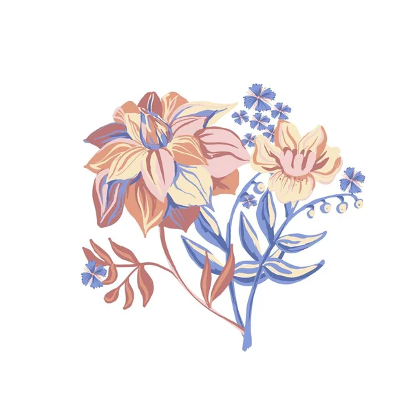 Flor colorida festiva del motivo aislada en el fondo blanco. Ramo estilizado. Ilustración vectorial para saludo, boda, diseño floral. Adornado. Naranja, Amarillo, Melocotón, Índigo, color azul — Archivo Imágenes Vectoriales