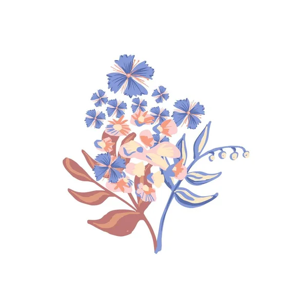 Flor colorida festiva del motivo aislada en el fondo blanco. Ramo estilizado. Ilustración vectorial para saludo, boda, diseño floral. Adornado. Naranja, Amarillo, Melocotón, Índigo, color azul — Archivo Imágenes Vectoriales