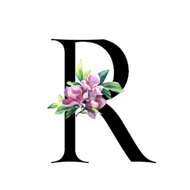 Elle boyanmış pembe çiçekli ve yapraklı çiçek mektubu. - Evet. Beyaz arka planda izole edilmiş zarif alfabe. Kutlama için düğün, davetiye, tebrik ve doğum günü kartı tasarımı. Siyah