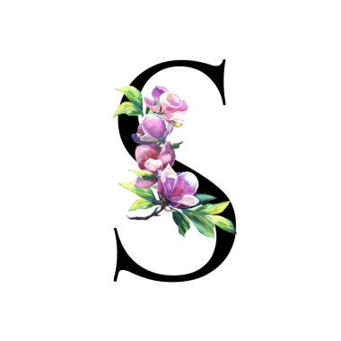 Elle boyanmış pembe çiçekli ve yapraklı çiçek mektubu. - Evet. Beyaz arka planda izole edilmiş zarif alfabe. Kutlama için düğün, davetiye, tebrik ve doğum günü kartı tasarımı. Siyah