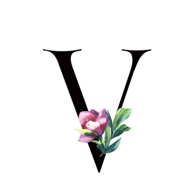 Elle boyanmış pembe çiçekli ve yapraklı çiçek mektubu. - Evet. Beyaz arka planda izole edilmiş zarif alfabe. Kutlama için düğün, davetiye, tebrik ve doğum günü kartı tasarımı. Siyah