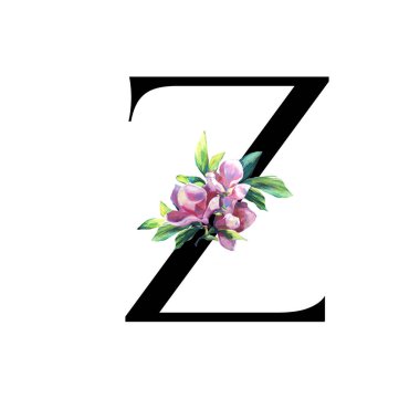 Elle boyanmış pembe çiçekli ve yapraklı çiçek mektubu. - Evet. Beyaz arka planda izole edilmiş zarif alfabe. Kutlama için düğün, davetiye, tebrik ve doğum günü kartı tasarımı. Siyah