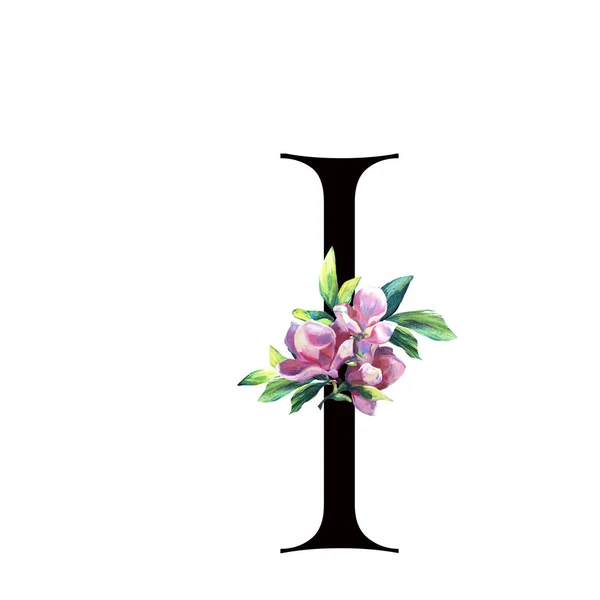 Квітковий лист з ручним забарвленням рожевих квітів і листя. Так. Елегантний Alphabet ізольований на білому тлі. Плануйте для святкування весілля, запрошення, вітання і дати народження листівки. Чорний — стокове фото