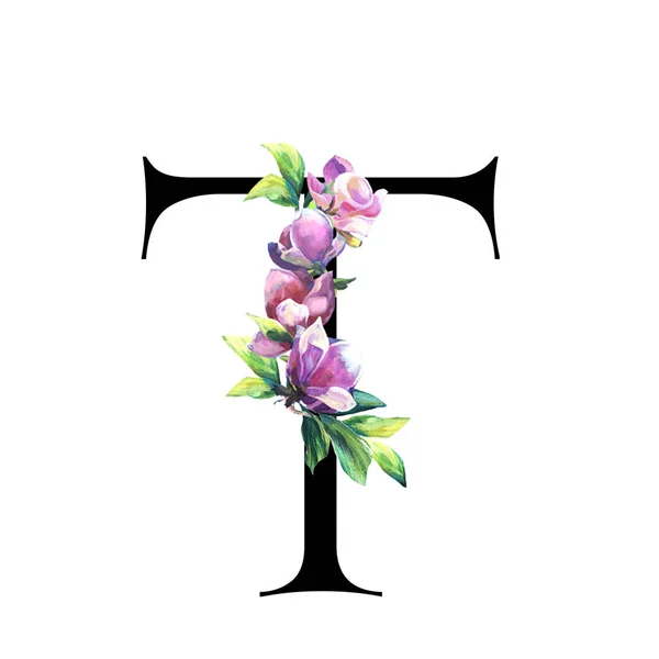 Floral Letter με ζωγραφισμένα στο χέρι ροζ λουλούδια και φύλλα. . Κομψό αλφάβητο που απομονώνεται στο λευκό φόντο. Σχεδιασμός για γάμο, πρόσκληση, χαιρετισμό και κάρτα γενεθλίων για γιορτή. Μαύρο — Φωτογραφία Αρχείου