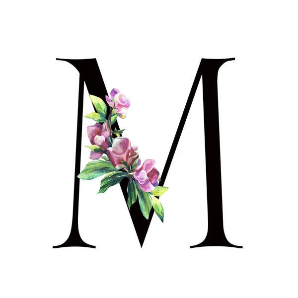 Blommig Brev med handmålade rosa blommor och blad. . Elegant alfabetet isolerad på den vita bakgrunden. Design för bröllop, inbjudande, hälsning och födelsedagskort för fest. Svart — Stockfoto
