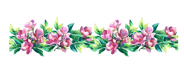 Elle boyanmış Pembe Manolya Çiçekleri ve yeşil yapraklı kusursuz çiçek sınırı. Yağlı boya doku. Yaz. Kartlar, davetiyeler, düğün, tebrikler için tasarım öğesi