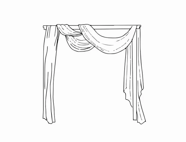 Hochzeitsbogen mit Vorhang. Dekoration. Gestaltungselement. Vektorskizze. Schwarz auf weißem Hintergrund. — Stockvektor