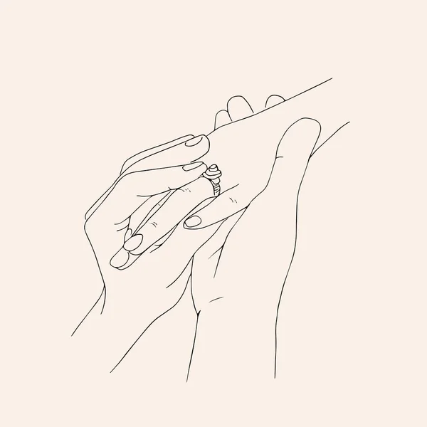 A férfi eljegyzési gyűrűt tesz a nő kezére, a szabadban. Házassági ajánlat. Grafikus vektor illusztráció. Vonalművészet, Sketch. Jegygyűrű. Kézi húzó vektor — Stock Vector