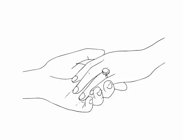 Mann legt Verlobungsring an Frau Hand, draußen. Heiratsantrag. Grafische Vektorillustration. Linienkunst, Skizze. Ehering. Vektor für die Handzeichnung — Stockvektor