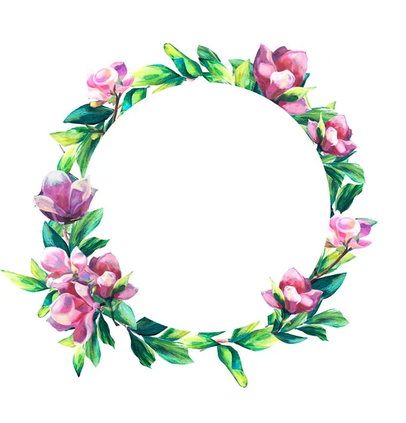 Cirkel Bloemen frame met roze bloemen en bladeren. Handgeschilderde textuur. Voorjaarsbloesem van Magnolia. Foliage grens voor begroeting, uitnodiging, bruiloft, — Stockfoto