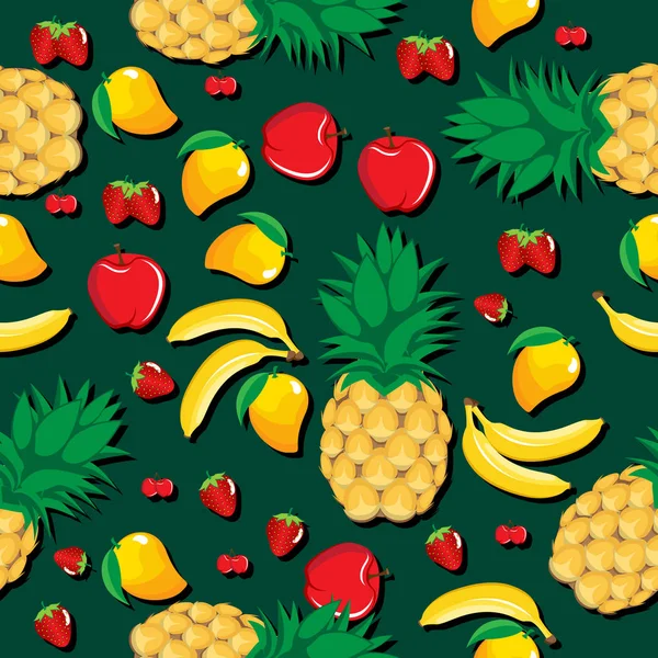 Mango Ananas Jabłko Banan Truskawka Wiśnia Mieszać Owoce Ciemnym Tle — Wektor stockowy