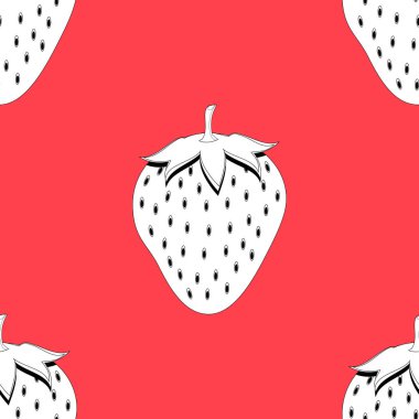 2D çilek meyve kontur soyut seamless modeli pembe bir arka plan üzerinde. Mevcut yüksek çözünürlüklü jpeg formatta çeşitli boyutları ve düzenlenebilir eps dosyası, kullanılabilir duvar kağıdı, desen, web, blog, yüzey, dokular, grafik ve baskı için.