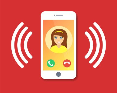 Görünürde iletişim bilgilerinin olduğu düz çizgi film cep telefonu araması, telefon ikonu yüzüğü. Avatar insan. Vektör illüstrasyonu.