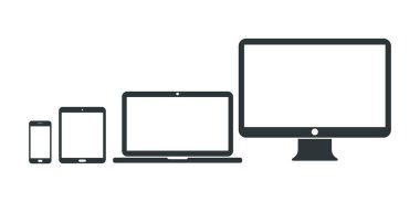 Bilgisayar, dizüstü bilgisayar, tablet ve akıllı telefon simgeleri. Vektör illüstrasyonu.