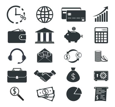 Bir dizi bankacılık ikonu. Para Simgeleri. Finansal simgeler.