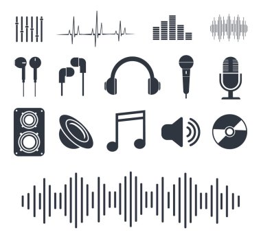 Müzik ikonları. Müzik çalar için rozetler. Vektör illüstrasyonu.