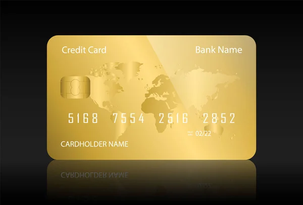 Cartão de crédito dourado realista. Cartão de crédito sobre fundo preto com imagem espelhada . — Vetor de Stock