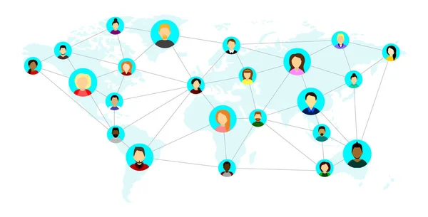 Pessoas de diferentes nacionalidades, de diferentes países e continentes, no mapa do mundo. Conceito de comunidade de rede social . — Vetor de Stock