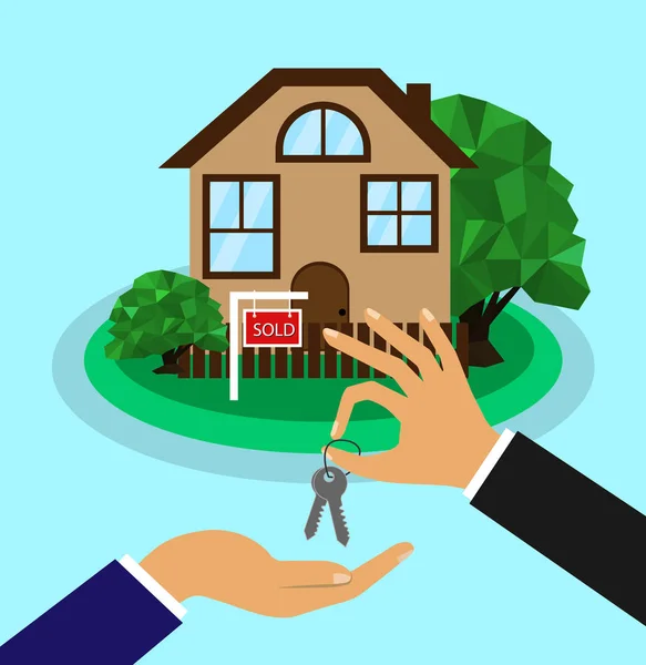 Das Haus ist verkauft. Verkauf Home Konzept. Makler übergibt dem Käufer die Schlüssel zum Haus. — Stockvektor