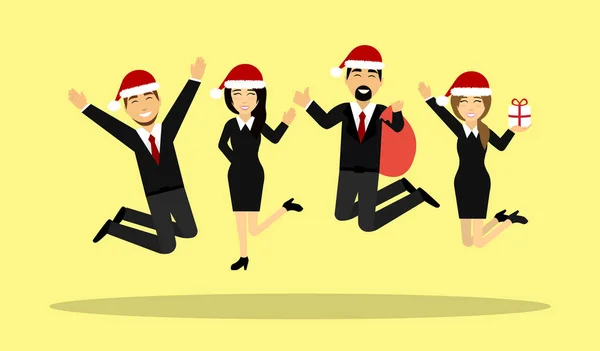 Pessoas de negócios pulam em chapéus de Natal, com presentes. Feliz pessoal. Ano Novo festa corporativa . — Vetor de Stock