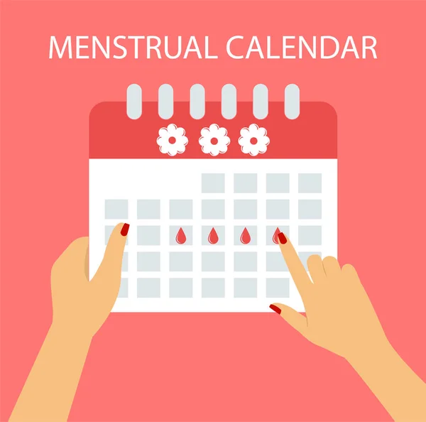 Calendario mestruale in stile piatto. Ciclo mestruale. Concetto di mani femminili e un calendario . — Vettoriale Stock