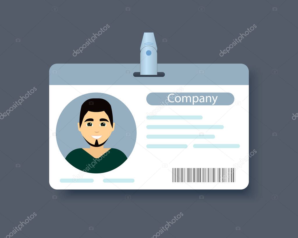 Blank id badge, name tag holder with avatar. Id card icon. Vector illustration.