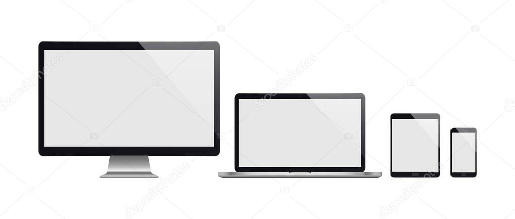 Realistic set of computer, laptop, tablet and smartphone. Realistic illustration.