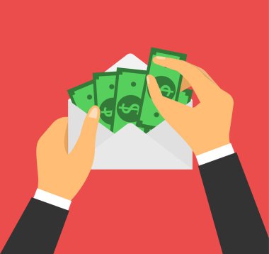 Elinde bir zarf olan bir iş adamı. Maaş. Yozlaşma. Düz tasarım.