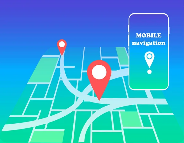 Mobil navigasyon. İşaretleyicili ve akıllı telefonlu kavram haritası. — Stok Vektör