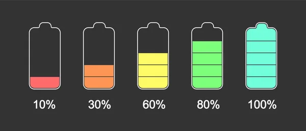 काळ्या पार्श्वभूमीवर बॅटरी पातळी. बॅटरी 10 ते 100 पर्यंत शुल्क  . — स्टॉक व्हेक्टर