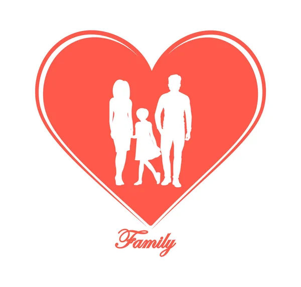 Rodinný symbol. Silueta rodiny v srdci. Rodiče a dítě. — Stockový vektor