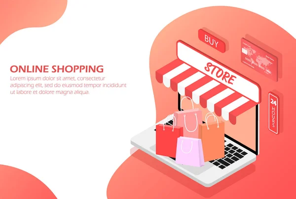 Achats en ligne. Shopping dans la boutique en ligne. Isométrique . — Image vectorielle