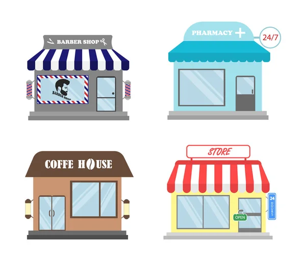 Set van moderne winkels, gebouwen, boetiekjes in een vlakke stijl. Kapperszaak, apotheek, koffiehuis en winkel. — Stockvector