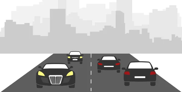 Coches en coche en la carretera fuera de la ciudad . — Vector de stock