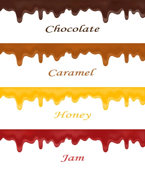A realistic set of dripping melted chocolate, caramel, honey and jam. For desserts design and for cakes. — Stock Vector