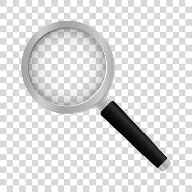 Şeffaf arkaplanda gerçekçi bir büyüteç. Siyah saplı büyüteç. Büyüteç.