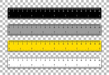 Gerçekçi hükümdarlar. Şeffaf bir arkaplanda farklı renkte kurallar. Santimetre ve inç cinsinden çift taraflı ölçüm.