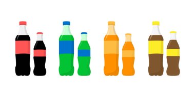 Bir soda seti. Plastik ve cam şişelerde soda. Kola, kireç, portakal ve maden suyu..