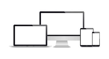 Gerçekçi bir monitör seti, laptop, tablet, akıllı telefon. Teknolojik aygıtların modeli.
