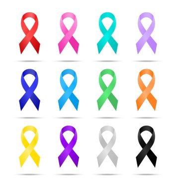 Renkli gerçekçi kurdeleler seti. Kurdele farkındalığı. Kurdele sembolü.