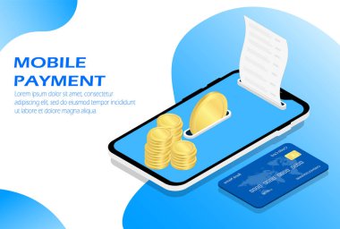 Mobil online ödeme. Akıllı telefonu işlem parası ve banka kartıyla kavra. Para transferi. Isometric.